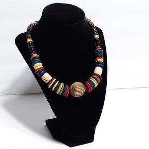 Multicolor Wooden Bead Necklace Chunky Graduated Size Wood Boho Retro  Red Blue